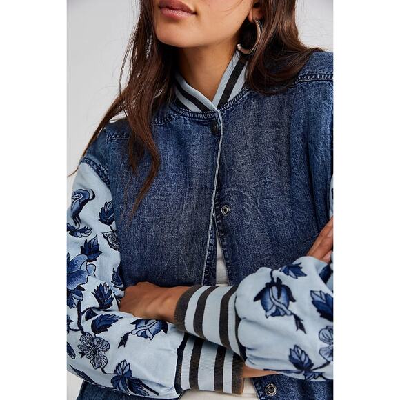 New Free People WTF Team Spirit Jacket $298 SMALL Stone Blue Floral Embroidery - Picture 3 of 8